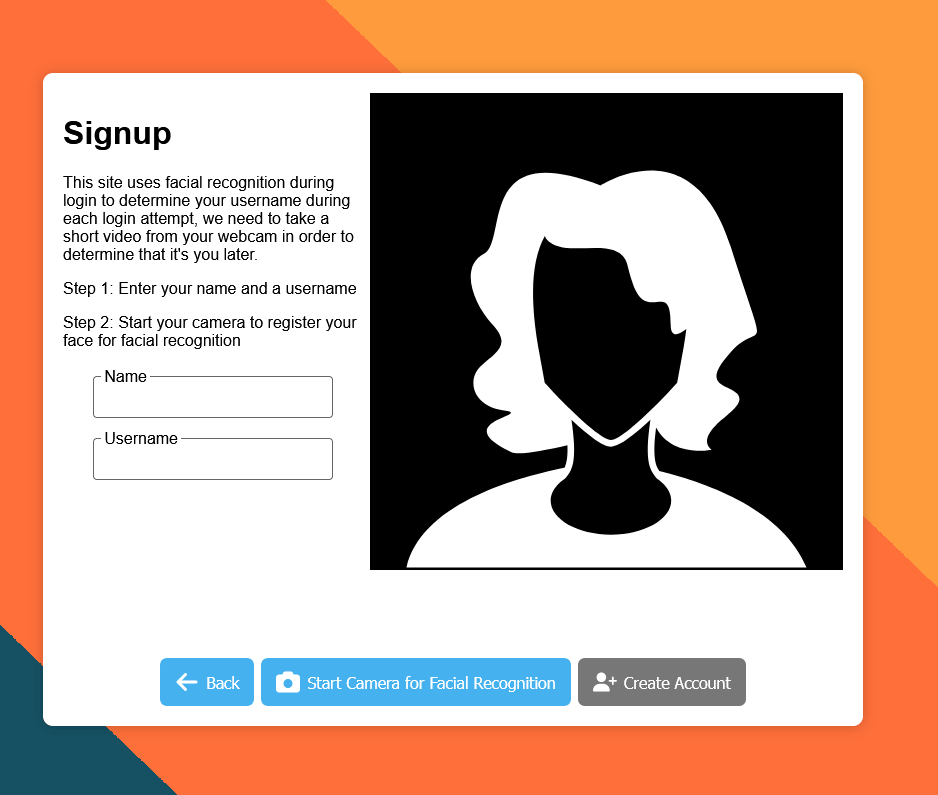 Screenshot of Biometric Web authentication app displaying a signup form that asks for a name, username, and facial recognition using a camera